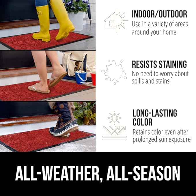GORILLA GRIP 100% Waterproof All-Season WeatherMAX Doormat 35x23, US Designed Natural Rubber, Stain and Fade Resistant, Low Profile Indoor Outdoor Door Mats, Easy Clean Patio Mat, Red Vintage Wine