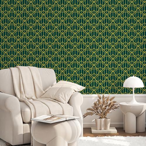 CHIHUT Teal and Gold Lines Wallpaper Peel and Stick Semicircles Triangles Geometric Shapes Wallpaper for Bedroom Living Room Wall Decor Self Adhesive Art Deco Contact Paper for Cabinets 17.7¡±x100¡±