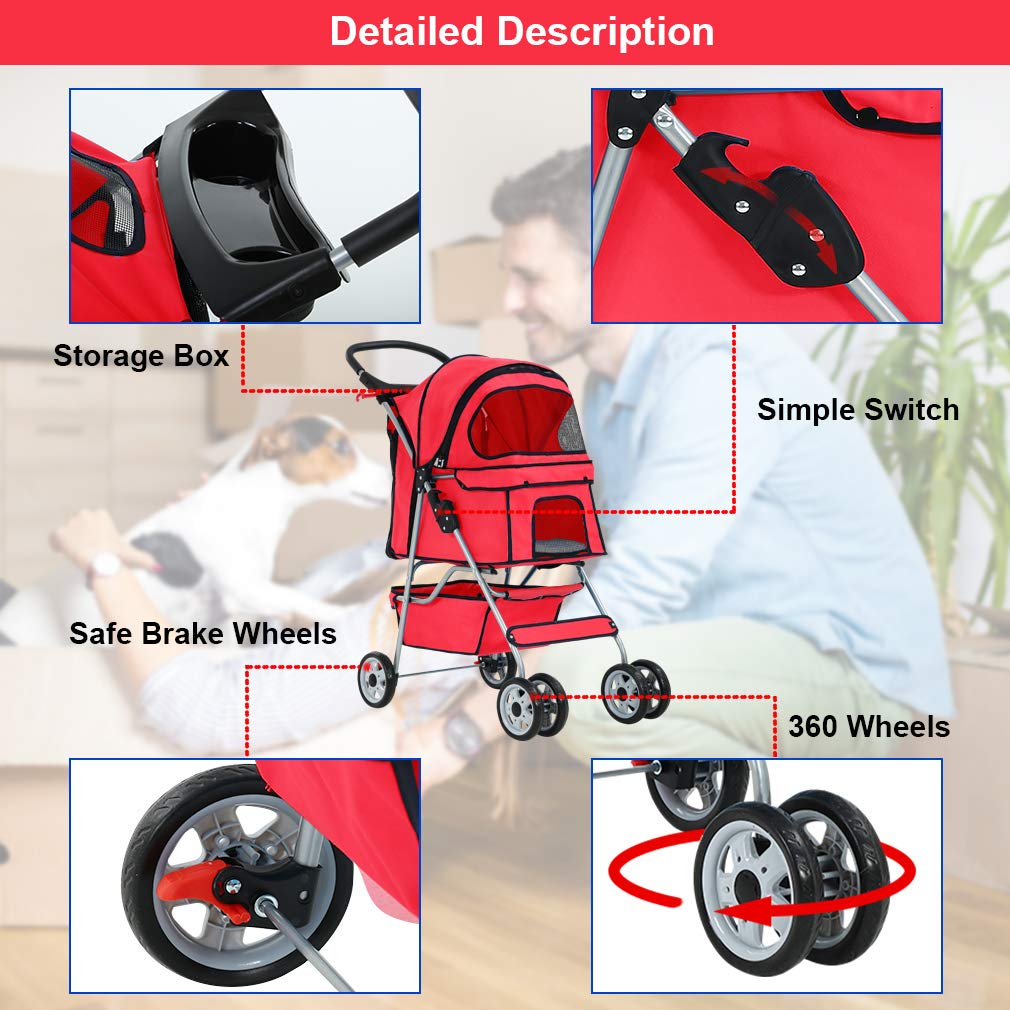 Pet Stroller Pet Carrier Dog Stroller Cat Stroller Folding Lightweight 4 Wheels Jogger Stroller with Storage Basket and Cup Holder