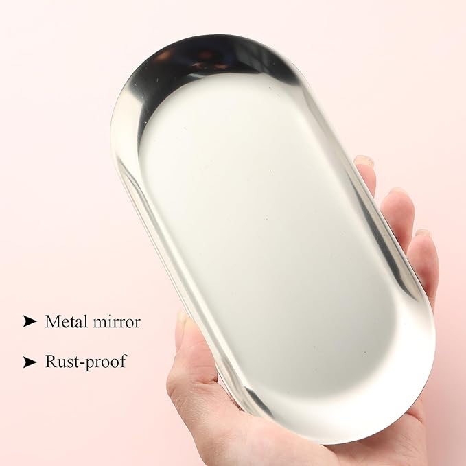1Pcs Manicure Tools Storage Tray, Oval Stainless Steel Storage Dish Nail Art Accessory Display Tray Jewelry Rhinestone Cosmetic Nail Decorations Organizer Metal Storage Plate (Silver)