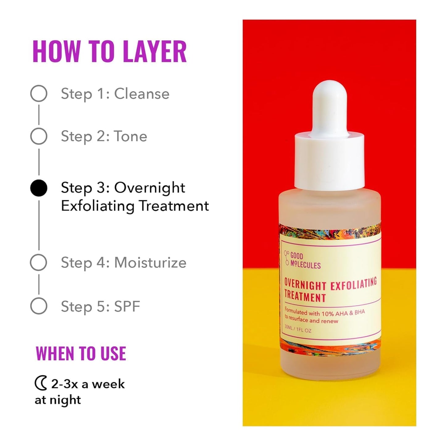 Good Molecules Overnight Exfoliating Treatment Pack 3 – 1 fl oz / 30 ml Each | Lightweight Face Exfoliator with AHA & BHA, Glycolic & Salicylic Acid