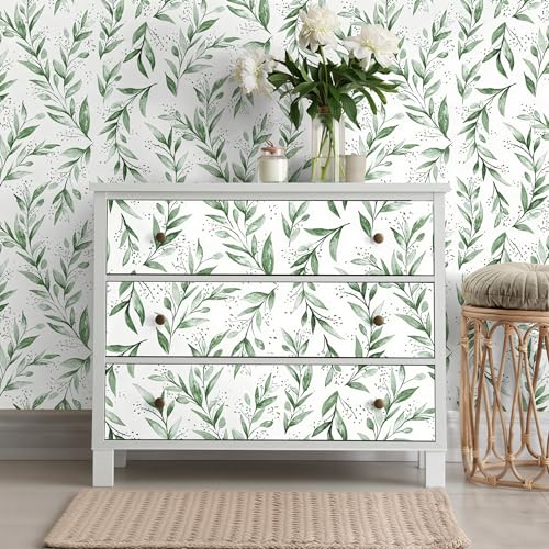 Beautyhero Peel and Stick Wallpaper 17.7 x118.1 Inch Olive Green Leaf Wallpaper Floral Contact Paper Bathroom Vinyl Removable Modern Farmhouse Sage Green Wall Paper Self Adhesive Neutral