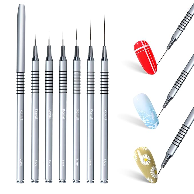 Metallic Nail Art Brushes, 6Pcs Non Slip Liner Brush Set, UV Gel Polish Painting Art Design Pen for Long Lines, Thin Details, Fine Drawing Sizes 5/7/9/11/20/25mm(Silver)
