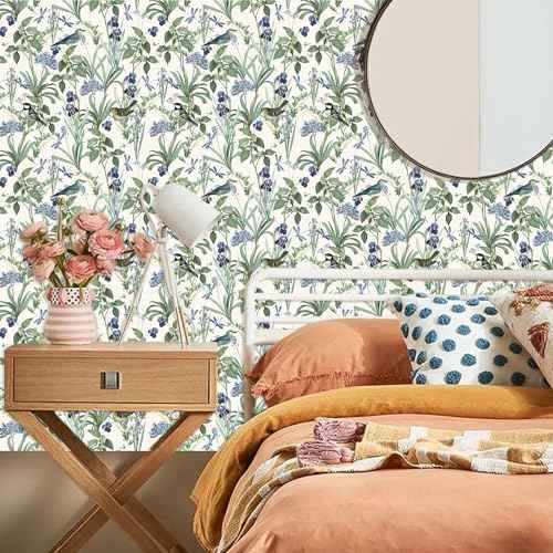 IARTTOP Birds Wallpaper Green Leaves Floral Peel and Stick Contact Paper Sage Wallpaper Floral Birds Wall Paper Green Contact Wall Mural for Living Room Bedroom Cabinet Decor(59 * 17.7in)