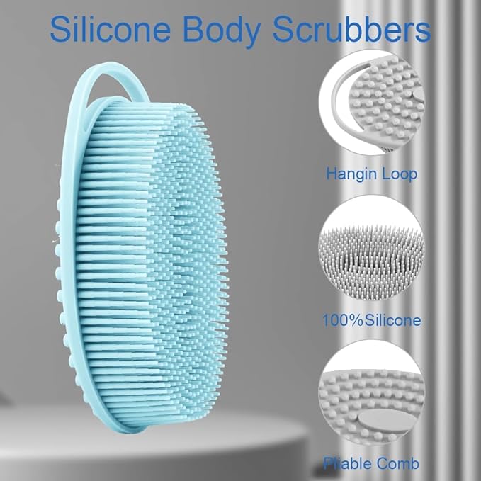 Silicone Body Scrubber, Exfoliating Silicone Loofah, Soft Silicone Body Shower, 2 in 1 Bath and Shampoo Brush, Body Scrubber Shower Cleaning for Sensitive Skin, Lather Well 2 PCS Grey and Blue