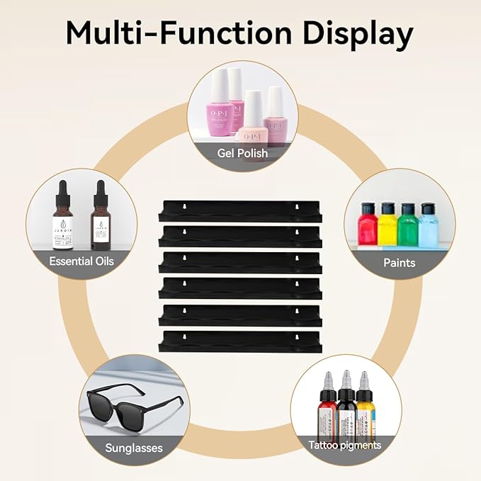 15" Nail Polish Rack Wall Mounted Shelf Acrylic Paints Gel Polish Organizer and Storage with End Caps for Nail Techs, Art Lovers, Great Display Salons, Floating Shelves for Wall, Black