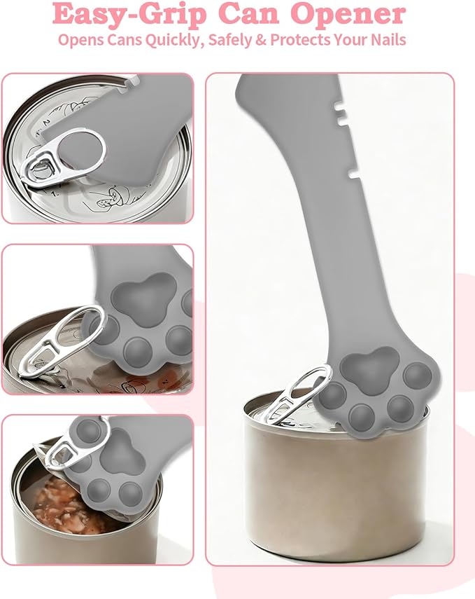 6 PCS Cat Food Can Covers Lids Set, Multi-Function Cat Food Spoon & Silicone Storage Lids with Opener, Cat Bar Squeezer, Stainless Steel Wet Food Spoon for Feeding, Storage and Cats & Dogs (Grey)