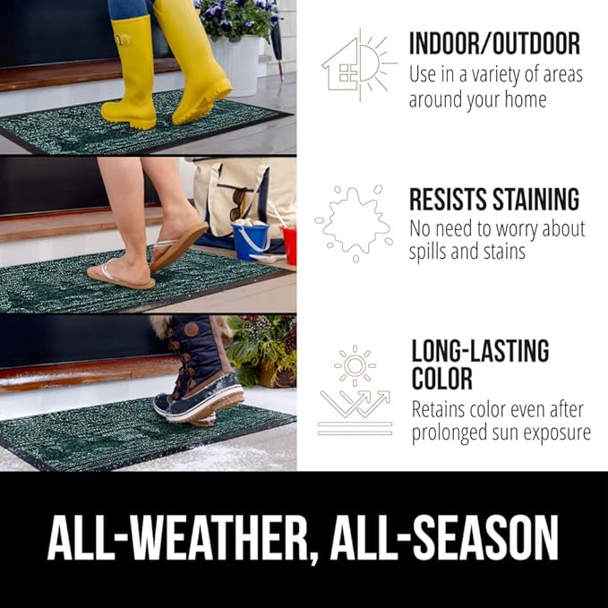 GORILLA GRIP 100% Waterproof All-Season WeatherMAX Doormat, US Designed Natural Rubber, Stain and Fade Resistant, Low Profile Indoor Outdoor Door Mats, Easy Clean Patio Mat, 17x29, Green Snowscape