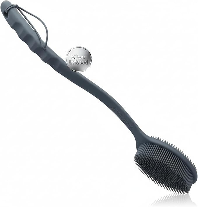 Avilana Silver Edition Back Scrubber Long Handle 19 Inch - Trusted Since 2017 - SGS Certified Silicone Bath Brush, Dual Sided Exfoliating Body Brush Extended Reach Back Washer Women Men Seniors Gift