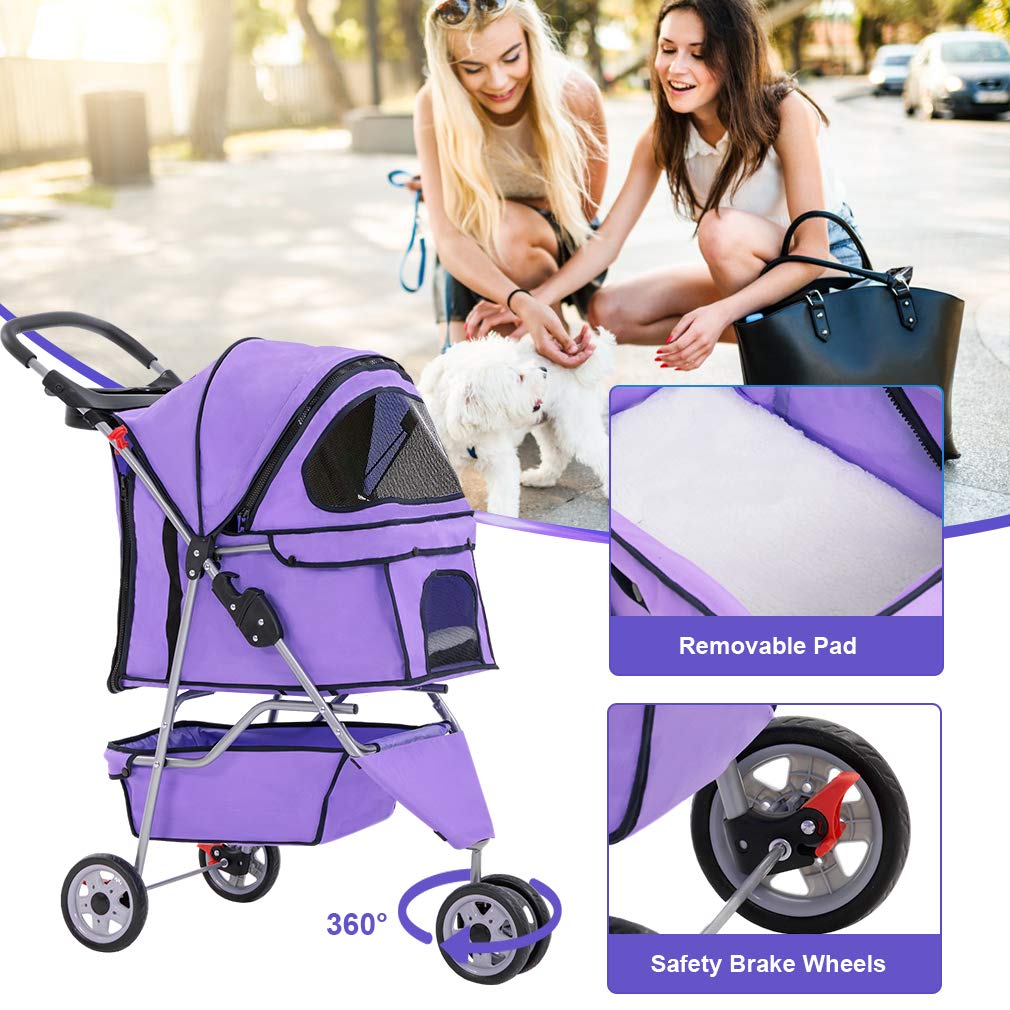 BestPet 3 Wheels Pet Stroller Dog Cat Cage Jogger Stroller for Medium Small Dogs Cats Folding Travel Carrier with Cup Holder, Waterproof Design & Removable Liner, Purple