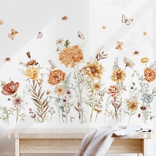 Boho Wall Decor Stickers Floral Wallpaper Peel and Stick Pretty Flowers Butterfly Wall Decals for Living Room Baby Kids Nursery Girls Bedroom Wall Decoration