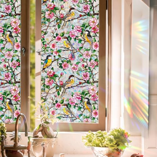 Runtoo Window Privacy Film Rainbow Bird on Tree Branch Flowers Window Clings 3D Decorative Vinyl Stained Glass Rose Peony Floral Decals Static Sticker Non-Adhesive, 17 x 40 inches