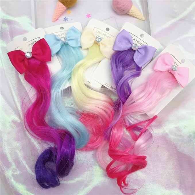 6 Pcs Hair Clips for Girls - 13in Color Hair Extensions Clip for Girls, Curly Clip in Hair Extensions with Cute Unicorn Bow for Toddler Kids Ponytails Accessories