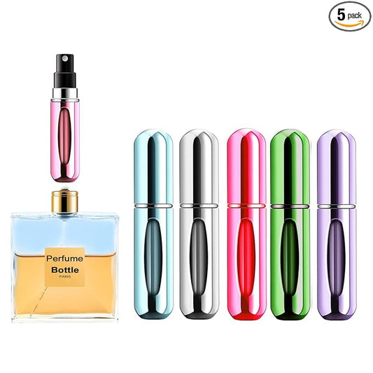 Portable Mini Perfume Atomizer Bottle, Refillable Spray, Scent Pump Case, Travel Atomizer (5ml, 5 Pack) (Purple, Blue, Breen, Rose Red, Silver)