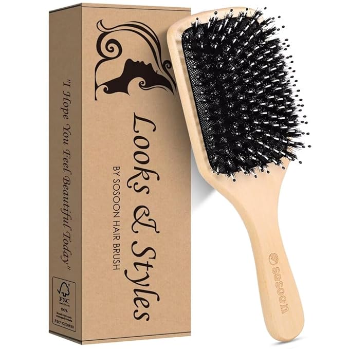 Hair Brush, Sosoon Boar Bristle Paddle Hairbrush for Long Short Thick Thin Curly Straight Wavy Dry Hair for Men Women Kids, No More Tangle, Giftbox & Tail Comb Included