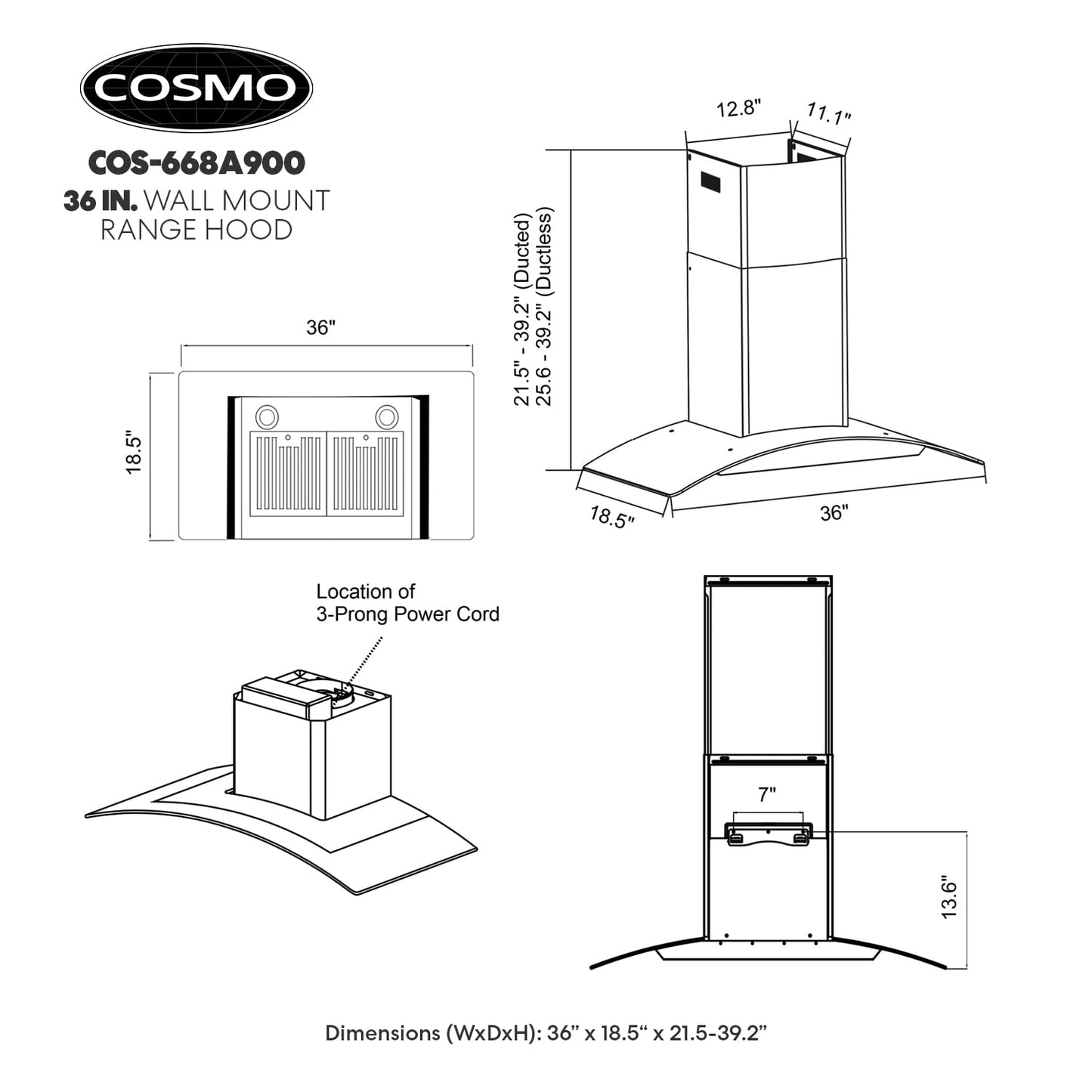 COSMO COS-668A900 36 in. Vista Collection 380 CFM Ducted Wall Mount Range Hood, Button Controls, LED Lights, Stainless Steel