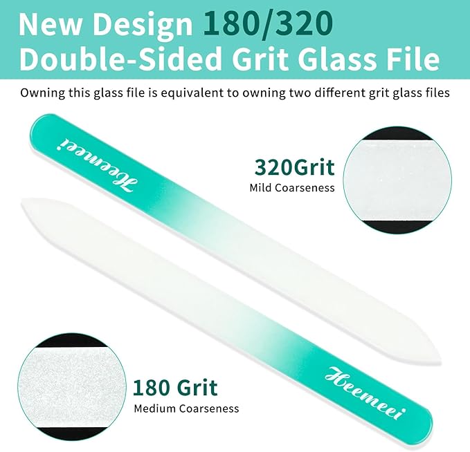 Glass Nail File, Double Sided 180/320 Grit With Case for Natural Nails, Fingernail, Crystal, Pedicure - Green
