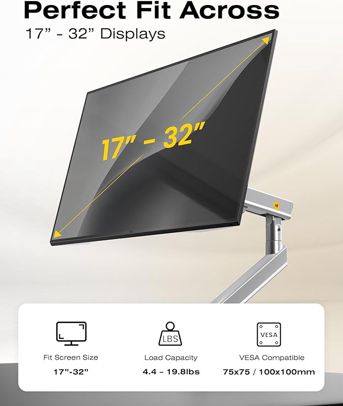 NB Single Computer Monitor Mount, Monitor Stand fits up to 32 Inch, Mechanical Spring Monitor Arm, VESA 75/100 mm, Model-A5 (Silver)