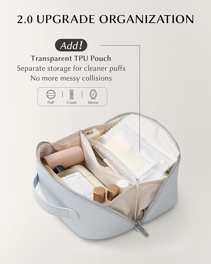 EACHY Travel Makeup Bag, Large Capacity Cosmetic Bag for Women, Waterproof PU Leather, Flat Open Portable Toiletry Bag for Skincare, Brushes & Travel Essentials