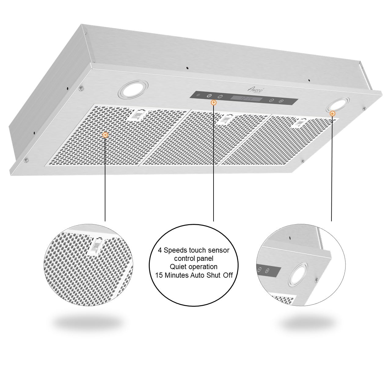 Awoco 14-1/2”D Super Quiet Split Insert Ceiling Mount Stainless Steel Range Hood, 4-Speed, 1000 CFM, LED Lights, Mesh Filters with 8” Blower & Remote Control (36"W 8" Vent)