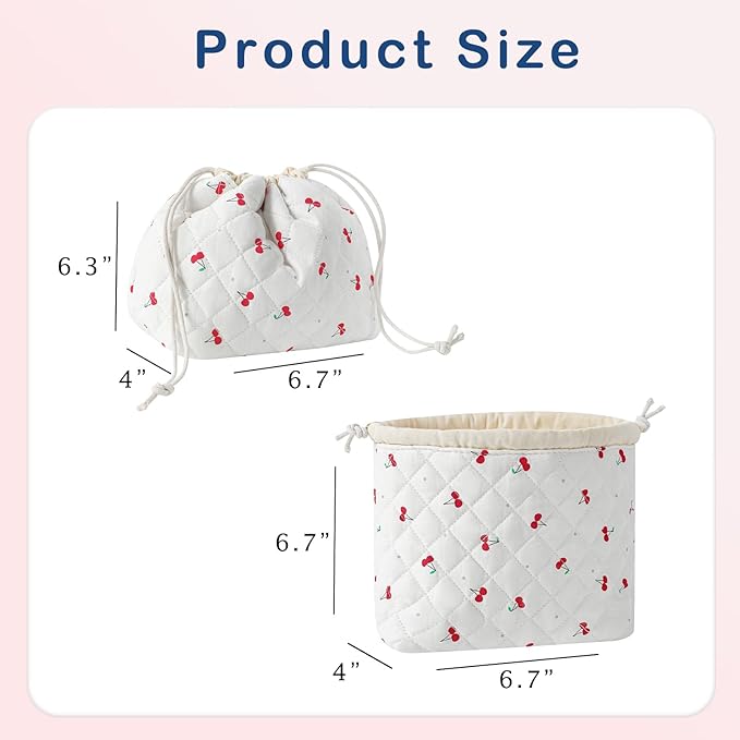 uekeboag Cotton Quilted Drawstring Makeup Bag with Canvas Lining,Coquette Aesthetic Cute Travel Toiletry Bag,Drawstring Gift Bag for Women and Girls(01Cherry)