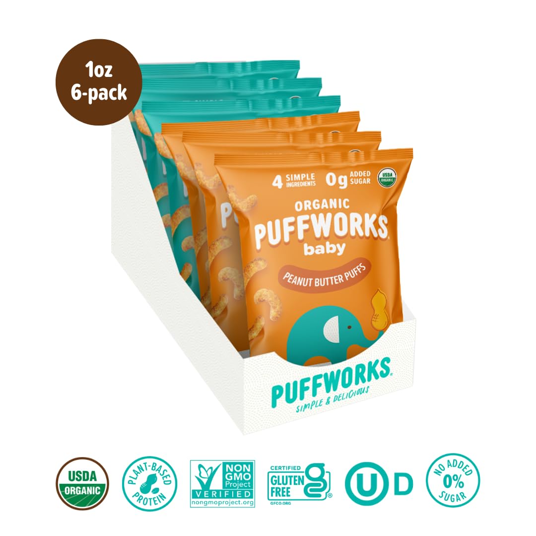 Puffworks Baby Peanut and Almond Variety Pack, Perfect for Early Peanut Introduction, Plant Protein, USDA Organic, No Added Sugar, Gluten-Free, Vegan, Non-GMO, Kosher, 1.0 Ounce (Pack of 6)