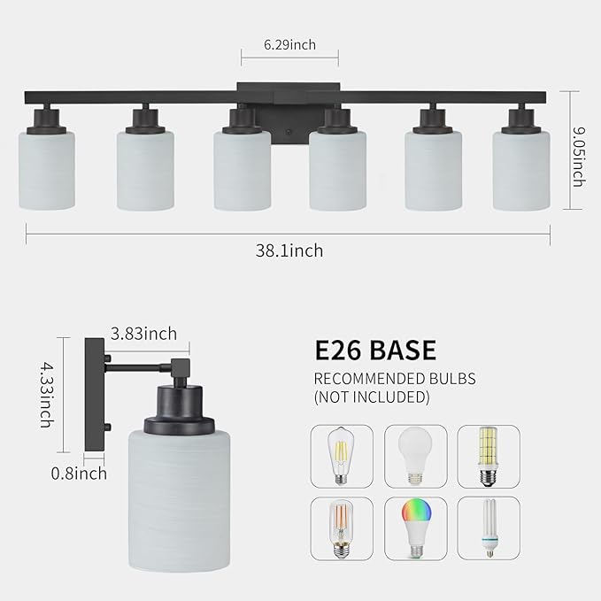 DIKAIDA 6-Light Black Vanity Lights, 38'' Modern Bathroom Vanity Lighting Fixtures for Mirror, Matte Bathroom Lighting Fixtures, Black Wall Sconces for Bedroom Living Room