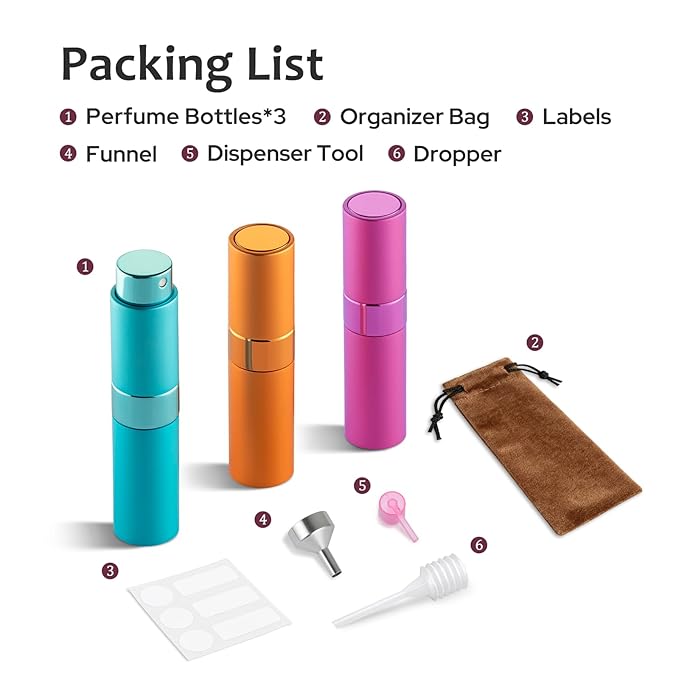 LISAPACK 8ML Atomizer Perfume Spray Bottle for Travel (3 PCS) Empty Cologne Dispenser, Portable Sprayer (Cyan, Rose Red, Orange)