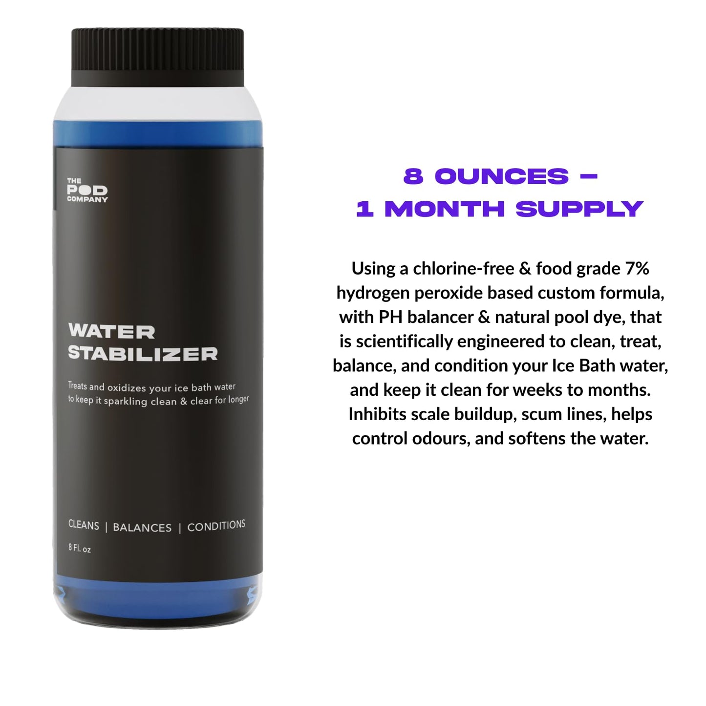Water Stabilizer – Chlorine-Free Water Treatment for Ice Pod & Long Pod – Maintains Clean, Balanced Water for Weeks – 8 oz. Bottle (1-Month Supply) - The Pod Company
