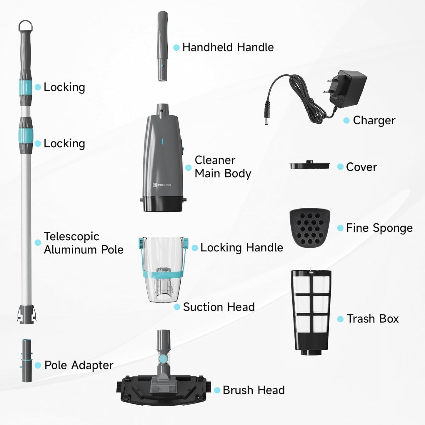 PoolMr Cordless Handheld Pool Vacuum, Rechargeable Pool Cleaner with 18.5 Gal/Min Suction, 60 Min Runtime, Dual-Phase Cleaning System, Ideal for Above Ground Pools, Spas, Hot Tubs, Black