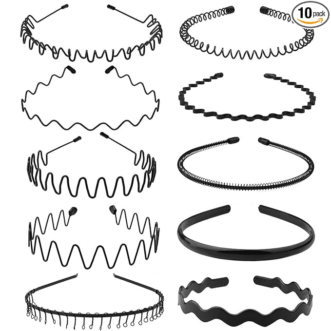 Metal Headbands for Men, Wavy Headband Perfect for Daily Hair Management, Workout, Running & Face Washing (10 Pack)