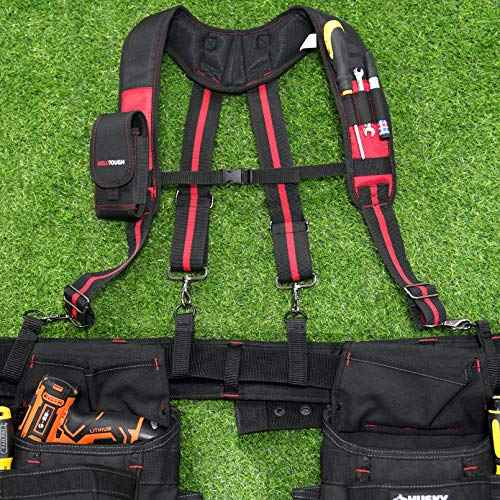 MELOTOUGH Tool Belt Suspenders Construction Work Suspenders with detachable phone holder comfortable foam shoulder padder (Red)