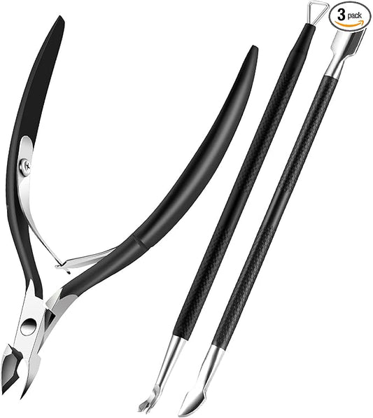 Cuticle Trimmer Cuticle Remover with Cuticle Pusher, XUNXMAS Professional Stainless Steel Durable Pedicure Manicure Tools Cutter Nipper Scissor Clipper for Fingernails and Toenails Dead Skin Black