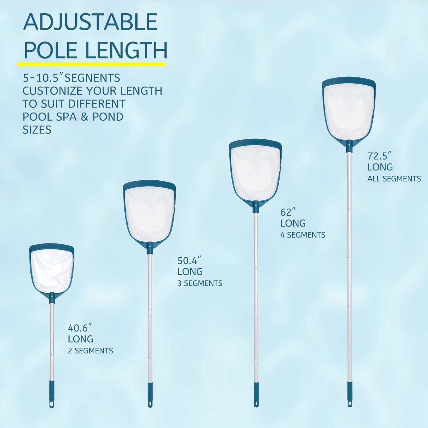 POOLWHALE Upgrades Swimming Pool Leaf Net Skimmer Rake with Adjustable Aluminum Pole and Nylon Medium Fine Mesh for Cleaning Swimming Pools, Hot Tubs, Spas and Fountains