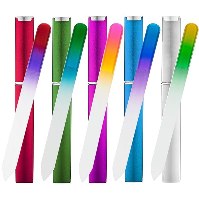 5 Pack Glass Nail Files with Case Crystal Fingernail Files Double Sided Nail File Mixed Color Manicure Set for Gentle Nail Care Christmas Gifts Stocking Stuffers for Women