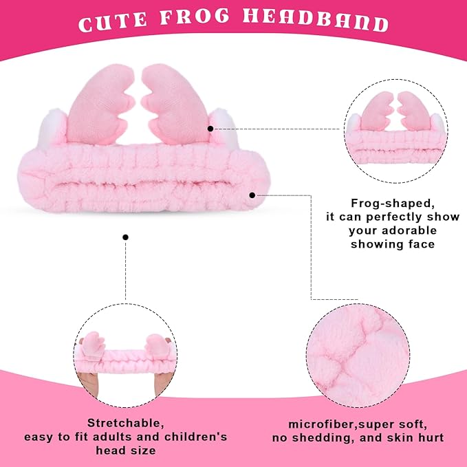 Jowmoy Cute Pink antlers Headband Frog Eye Elastic to Wash Face for Women Makeup Shower Spa.