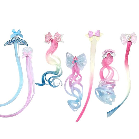 7 Pieces Hair Clips for Girls, Bow Curly Hair Extensions for Kids, Straight Little Girl Hair Clips Accessories for Ponytails Princess Dress-Up