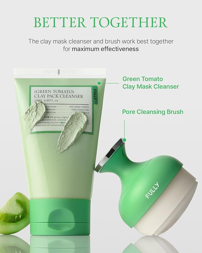 FULLY Pore Cleansing Silicone Brush, Effective Pore Cleaner, Over 2000 Fine Bristle, Unclog Pores, Blackhead Brush, Sebum Remover Tool, Gentle Exfoliator, Pairs with Green Tomato Clay Mask Cleanser