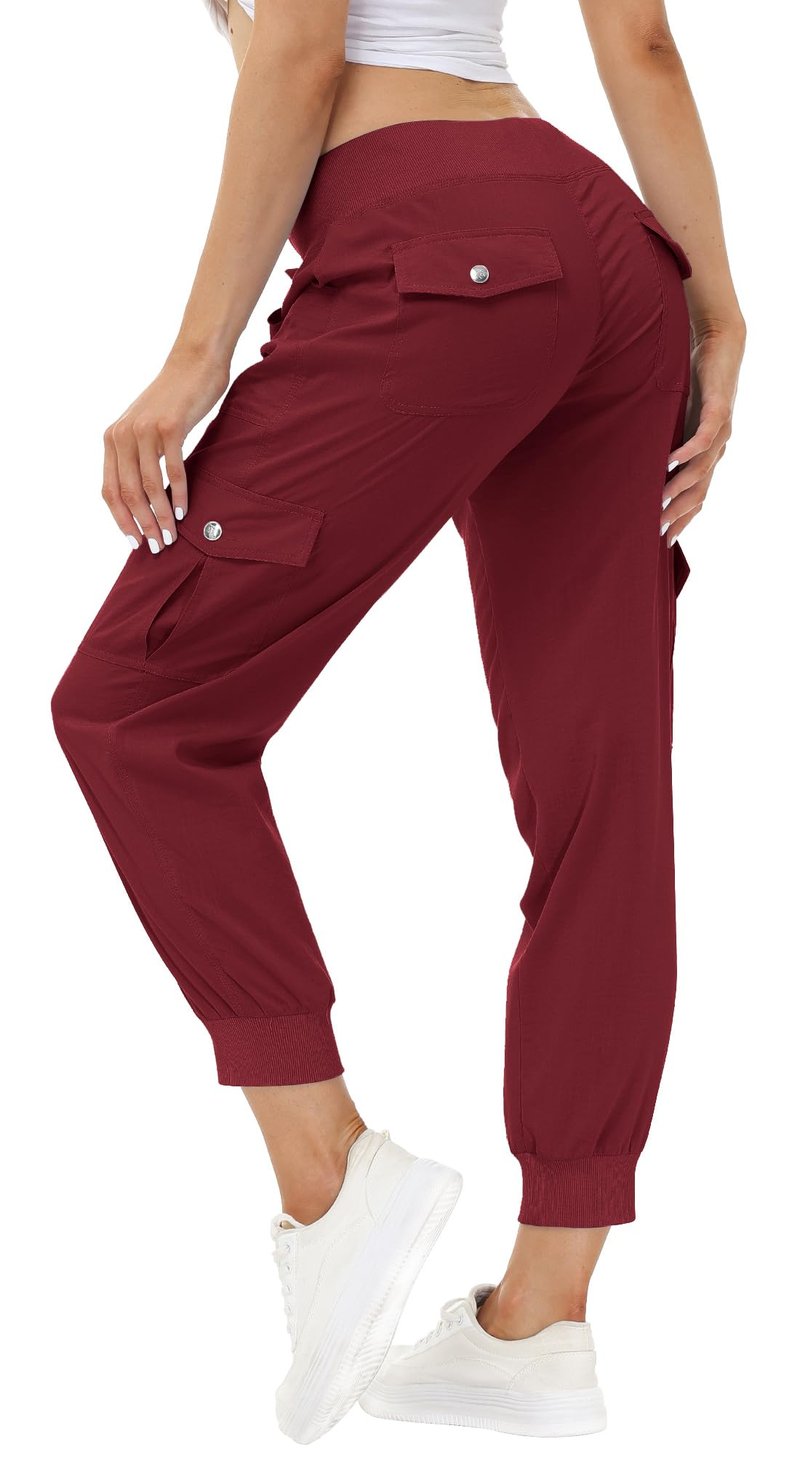 MoFiz Hiking Cargo Pants for Women with Pockets Lightweight Quick Dry Athletic Outdoor Summer Travel Casual Joggers Sweatpants Wine Red XS