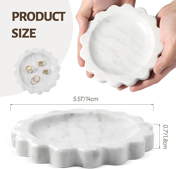 Koville 5.51" Scalloped Marble Tray, Round Stone Jewelry Trinket Dish for Ring, Natural Small Marble Tray for Bathroom Kitchen Dresser Countertop, Decorative Candle Tray(Bianco Carrara)