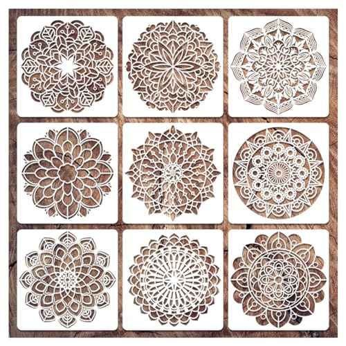 9 Pack Mandala Stencils for Painting,Reusable Paint Drawing Templates for Painting on Wood Floor Wall Canvas Tile Fabric,Creative Mandala Stencils for DIY Art Projects & Home Decor (12 inch)