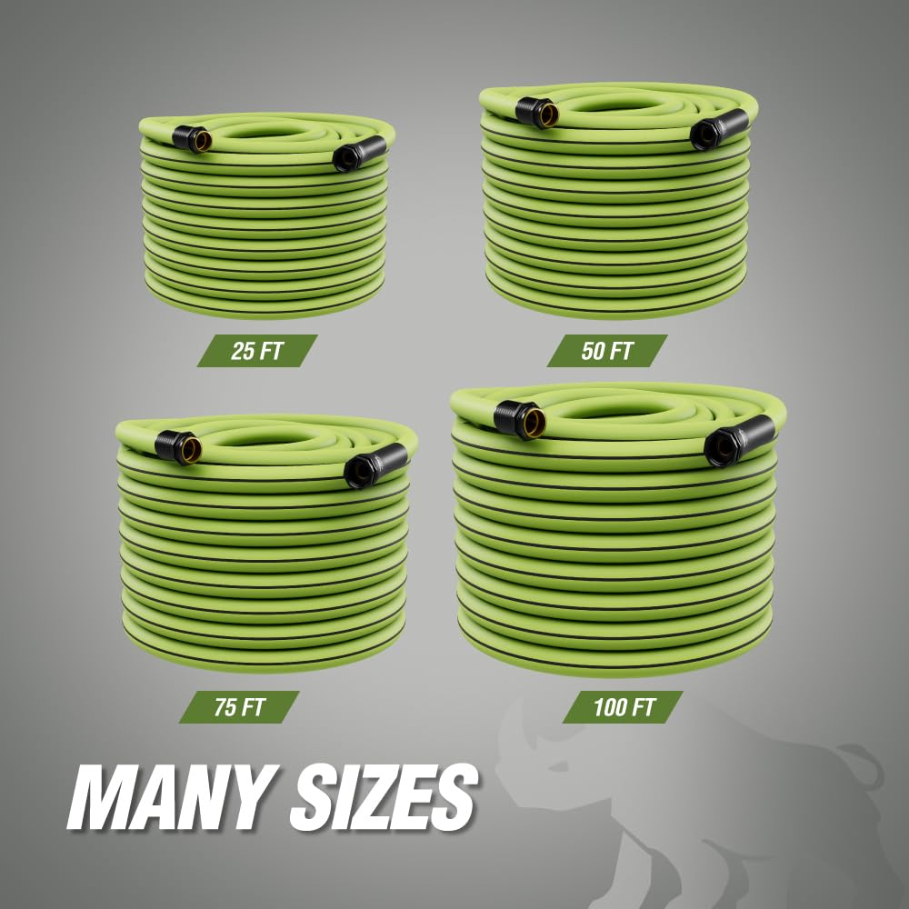 RUGGED RHINO Heavy Duty Garden Hose 25ft x 5/8in, Anti-Kink and Leakproof, Durable 4-Layer Construction, 500 PSI Burst, All Weather Outdoor Watering for Lawn, Garden, Flowers, Green and Black