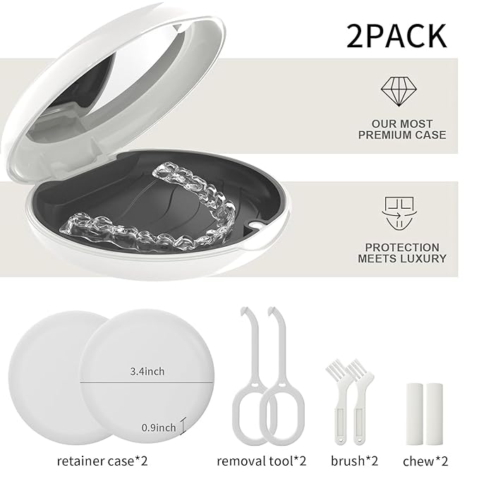 2 Pack Retainer Case with Mirror, Compatible with Invisalign, Slim Aligner Case for Travel, Includes Removal Tools, Seaters & Brush, Magnetic Secure Closure Retainer Box - White