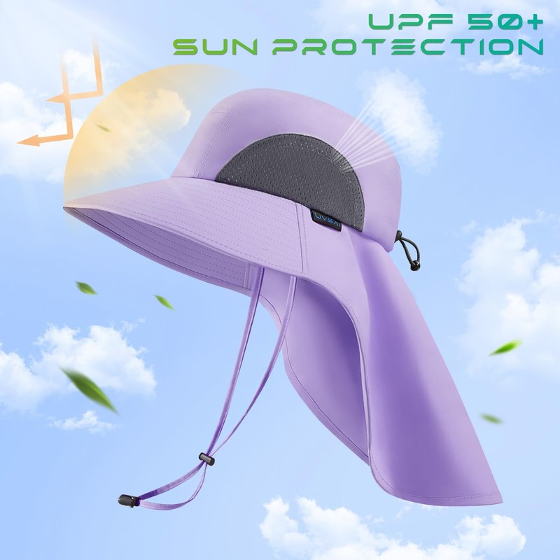 UVSAI UPF 50+ Foldable Sun Hats Wide Brim with Large Neck Flap for Men Women UV Protection Gardening Fishing Beach Hat Pale Lavender