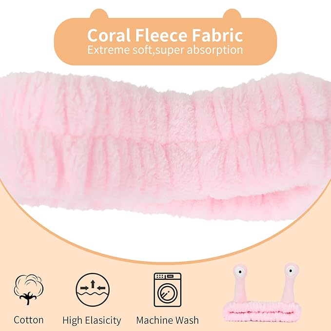 PERFECTSIGHT Kawaii Headband for Spa, Makeup, Washing Face, Party - 2 Pack Cute Hair Band for Shower Beauty Skincare, Soft Facial Headbands for Girls and Women (Green+Pink Snail)