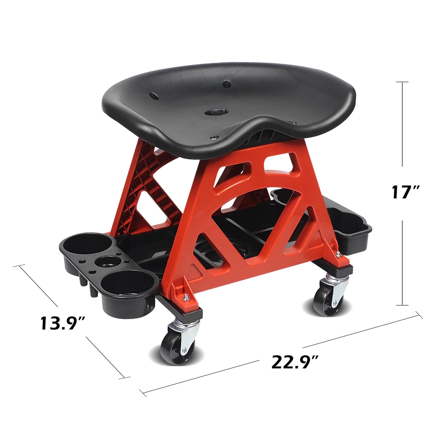 MaxWorks 50957 Ergonomic Seat Mechanic Stool Chair 22.9" L x 13.9" W x 17" H, with 4pcs 2.5" Swivel Casters, with Tool Tray for Workshop, Garage, Auto Repair - 300 Lbs Capacity