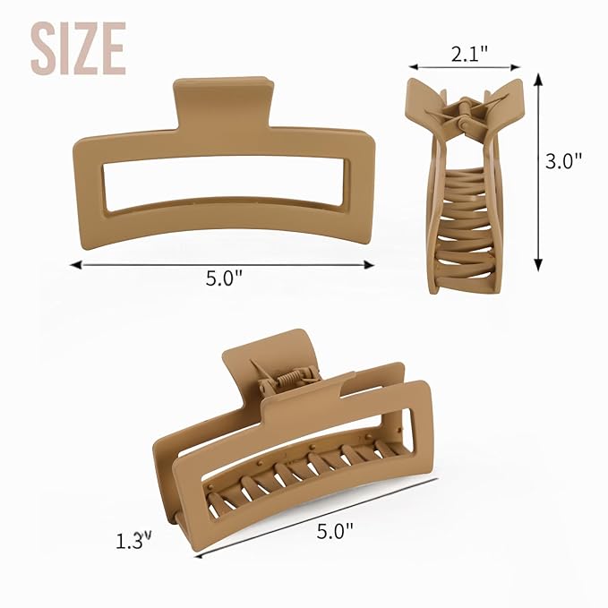 5 Inch Extra Large Claw Clips for Thick Hair and Long Hair, 4 Pack XL Jumbo Matte Rectangle Hair Clips, Oversized Non-Slip Strong Hold Jaw Clips for Women, Big Hair Accessories in Brown Tones