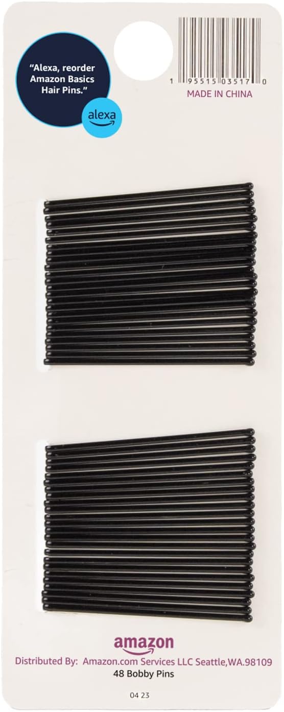 Amazon Basics No Slip Bobby Pins, Black High Gloss, 48 Count, for Pain-Free Comfortable All-Day Styling and Updos, All Hair Types
