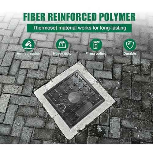 12x12 inch Manhole Cover and Frame,Overall Size 16x16,Embedded Fiberglass Polymer Sewer Cover with Handles,Clear Opening Size 9.5x9.5,Reinforced Steel Non-Slip Recessed Septic Tank Covers