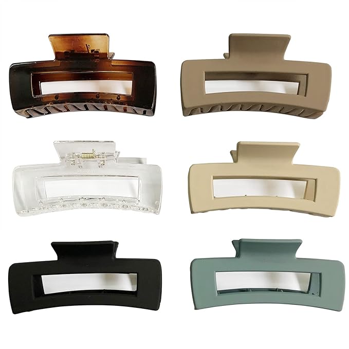 Rectangle Hair Claw Clips Large 4 Inch Matte Square Clear No Slip Big Jaw Clip Multi-Colored for Thick Hair Women, 6 Pack